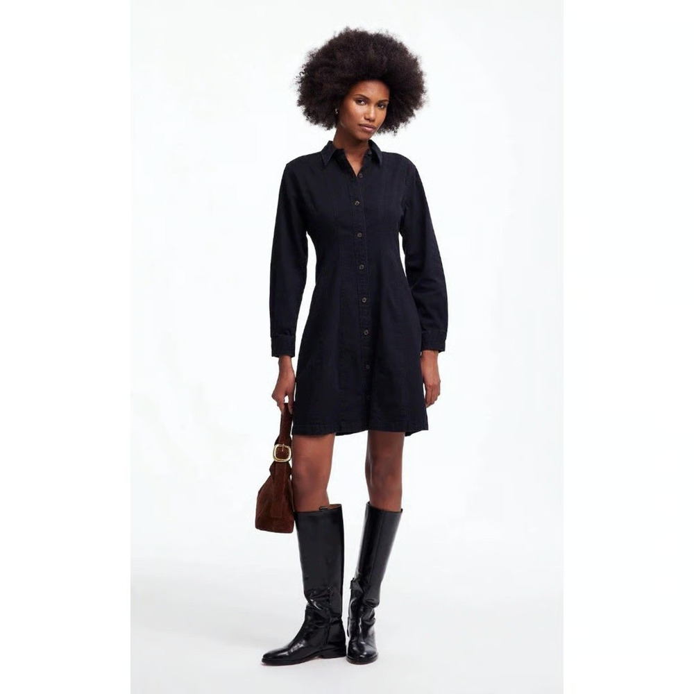 Madewell Womens Washed Black Denim Seamed Button Front Mini Shirt Dress Sz 4 NWT - Picture 1 of 9